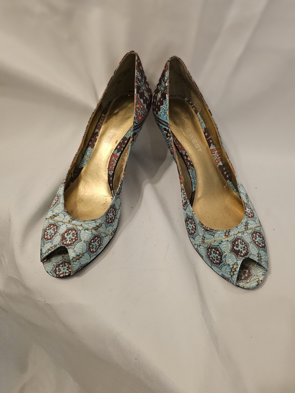 Nine West Light Blue and Brown Patterned Peep-Toe Heels
